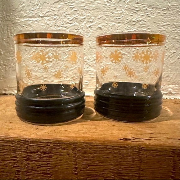 Sakura Sango Vintage Rocks Glasses Christmas Gold Black Mid Century MCM Mod - Picture 1 of 10